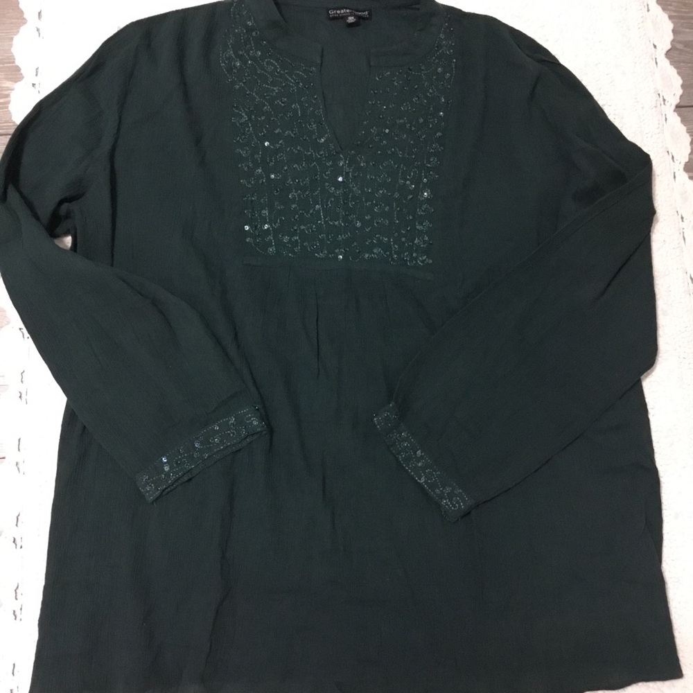 Greater Good 3 X Deep Forest Green 100% Cotton V Neck Long Sleeve Top Beadwork